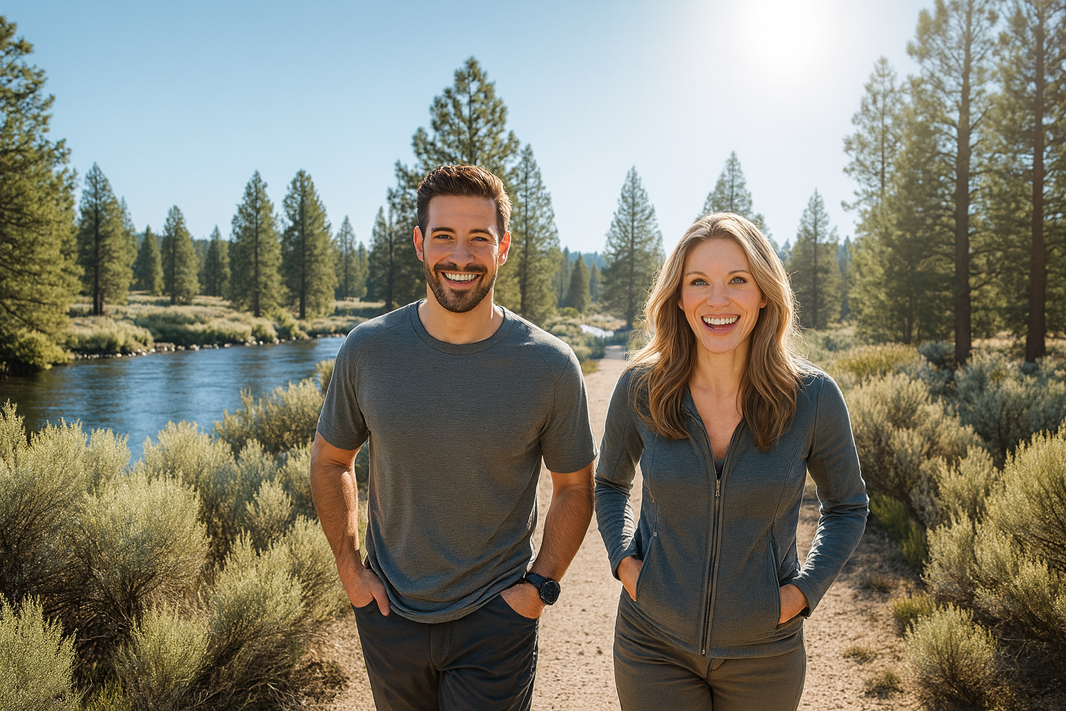 Smiling couple on he trail Smiling couple on he trail